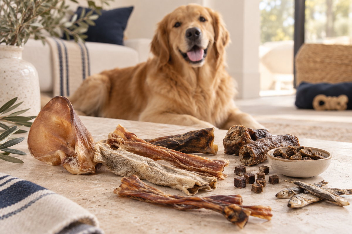 Chien et assortiment de friandises naturelles