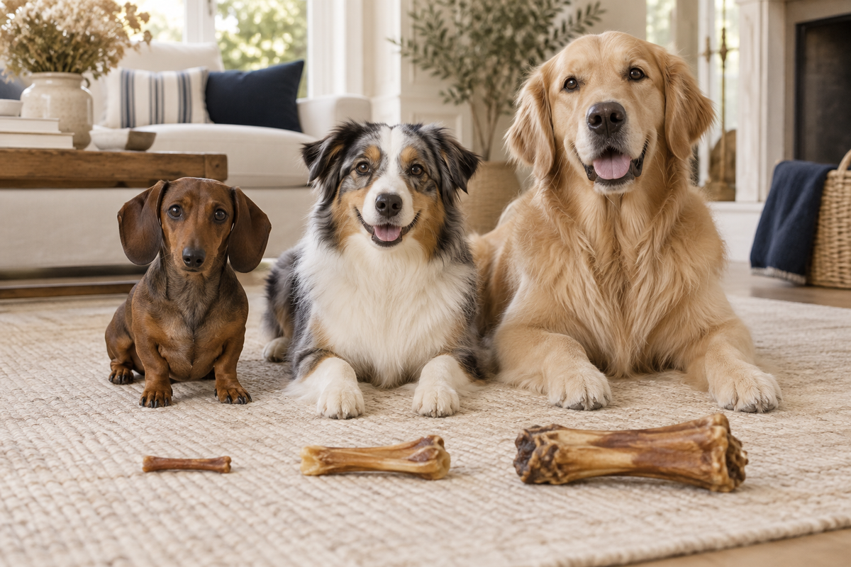 Trois chiens de tailles différentes avec des friandises adaptées