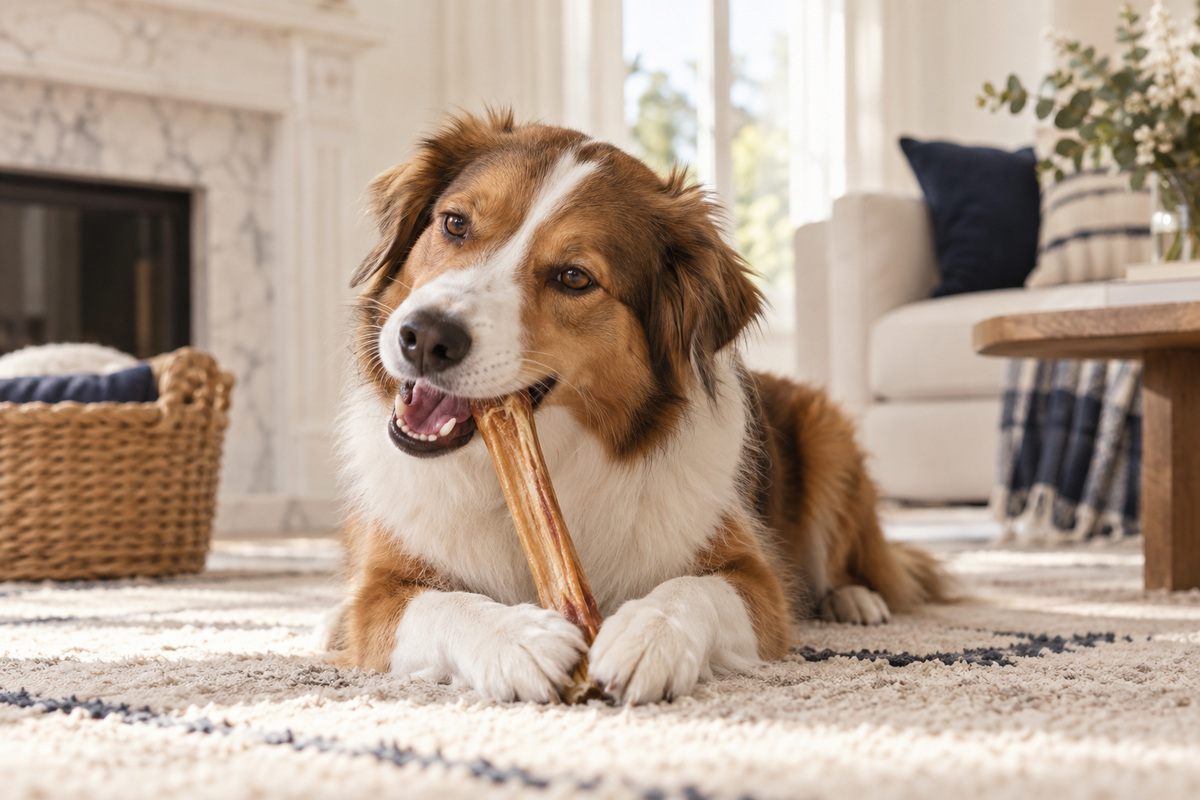 Chien mastiquant une friandise naturelle adaptée