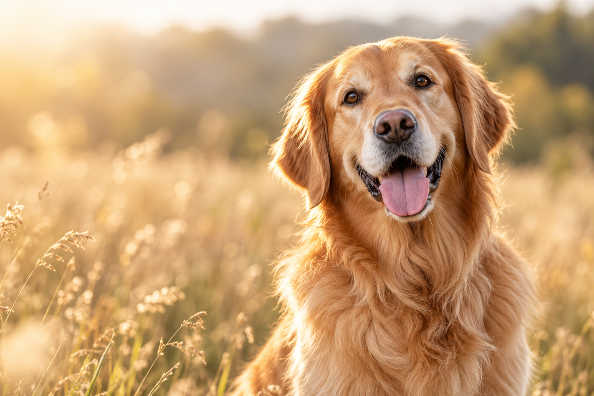 Golden retriever dans une prairie ensoleillée — visuel d’ambiance créé pour LOUPAS