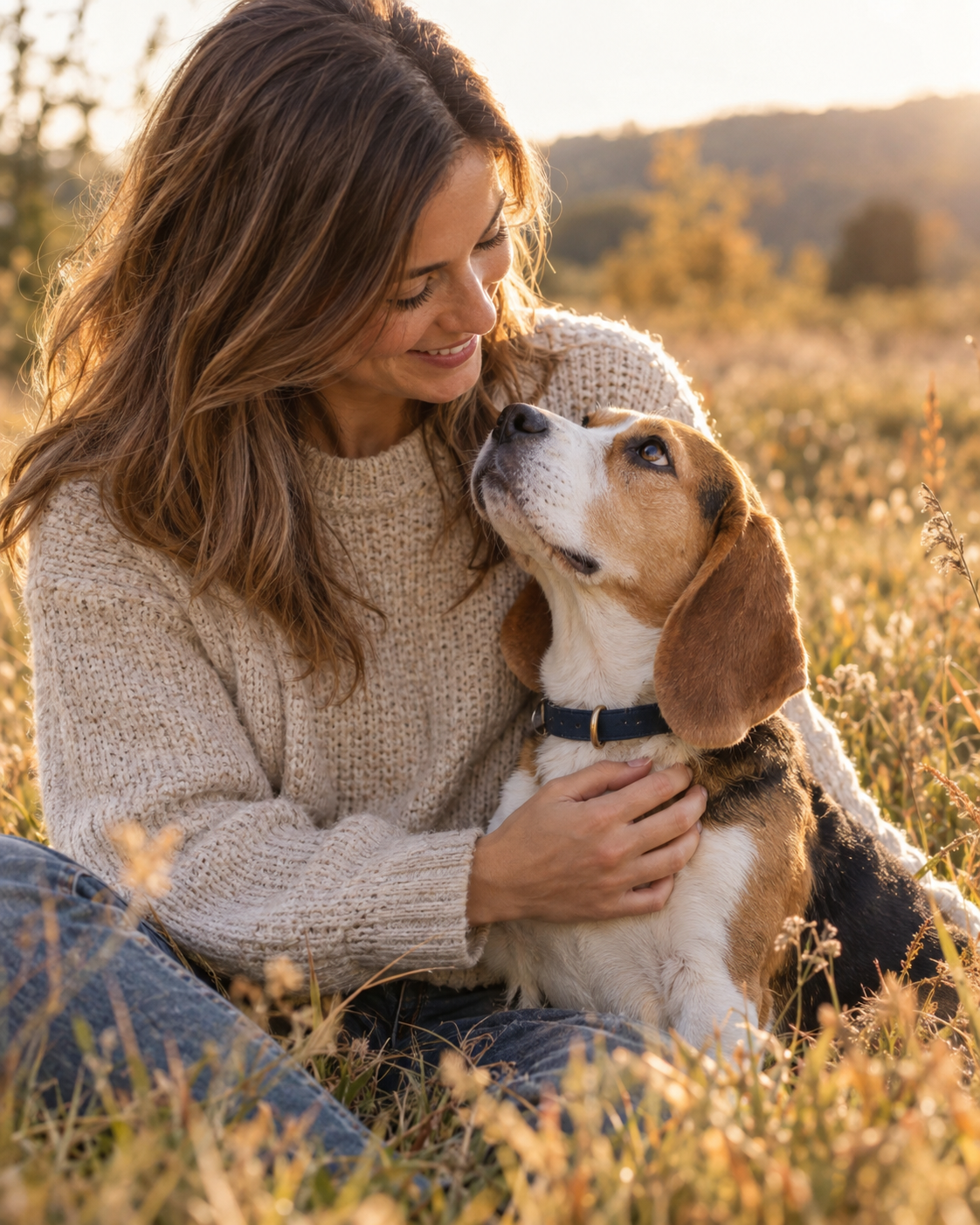 Moment de complicité entre une femme et son beagle — visuel d’ambiance créé pour LOUPAS