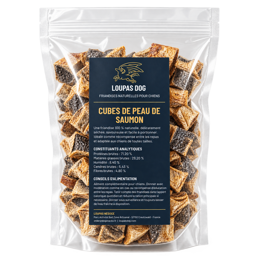 Visuel de présentation - Cubes de peau de saumon dans un sachet transparent LOUPAS DOG