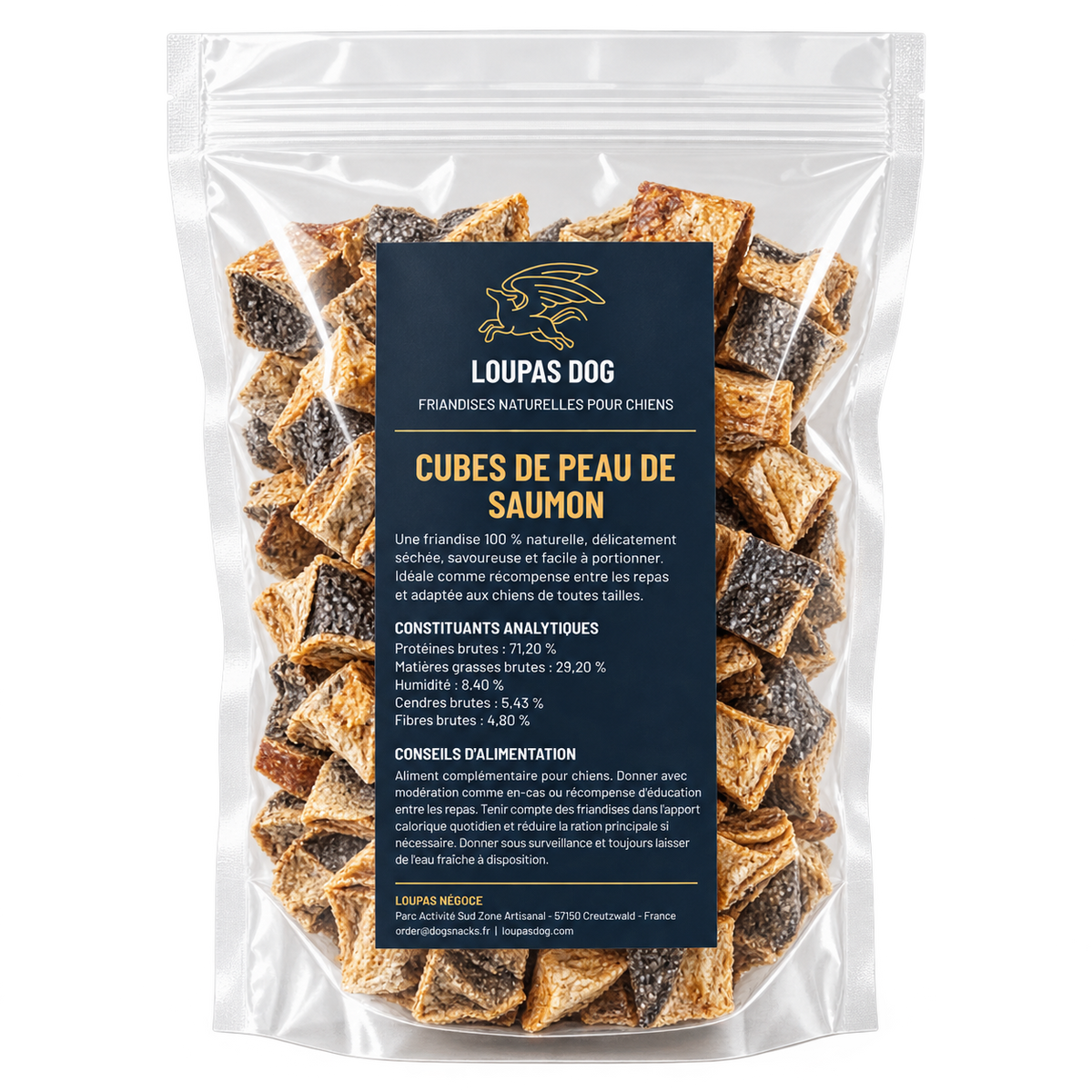Visuel de présentation - Cubes de peau de saumon dans un sachet transparent LOUPAS DOG