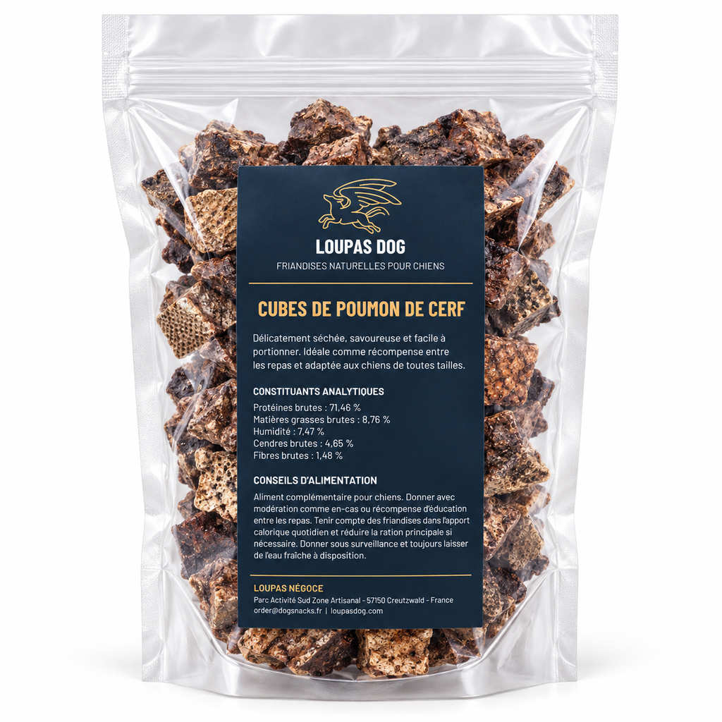 Visuel de présentation - Cubes de poumon de cerf dans un sachet transparent LOUPAS DOG