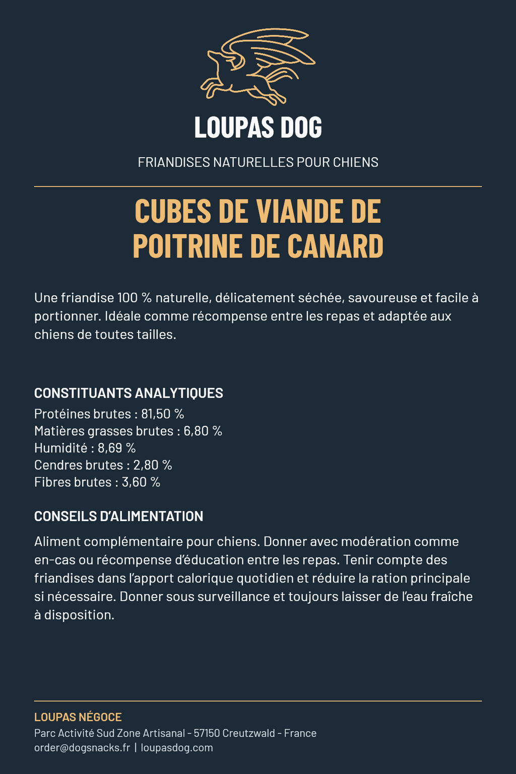 Étiquette LOUPAS DOG - Cubes de viande de poitrine de canard