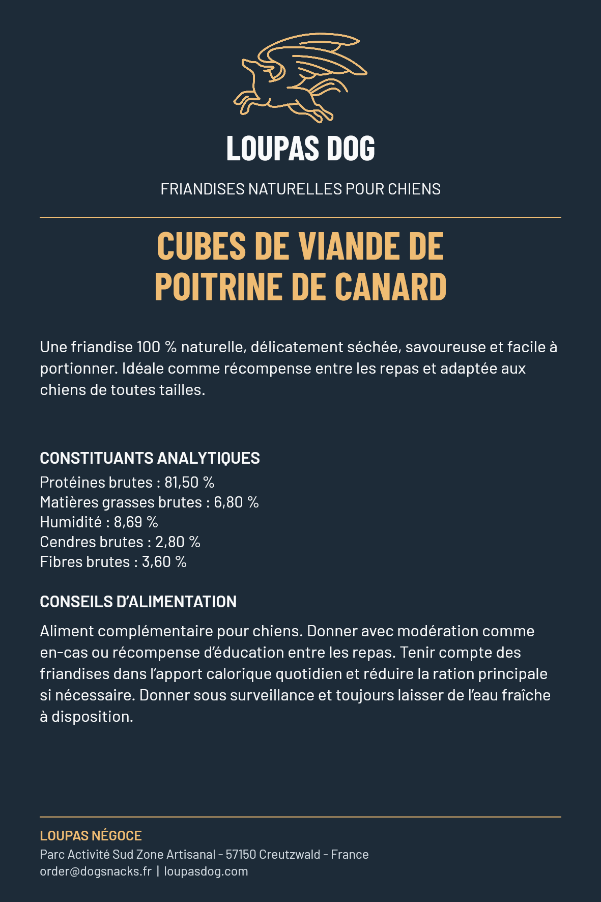 Étiquette LOUPAS DOG - Cubes de viande de poitrine de canard