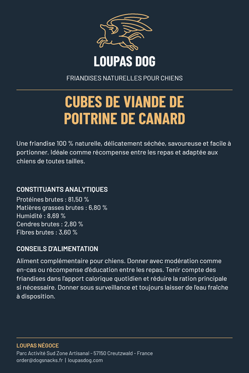 Étiquette LOUPAS DOG - Cubes de viande de poitrine de canard