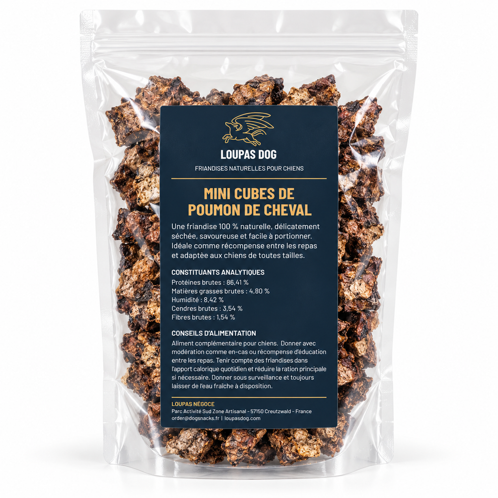Visuel de présentation - Mini cubes de poumon de cheval dans un sachet transparent LOUPAS DOG