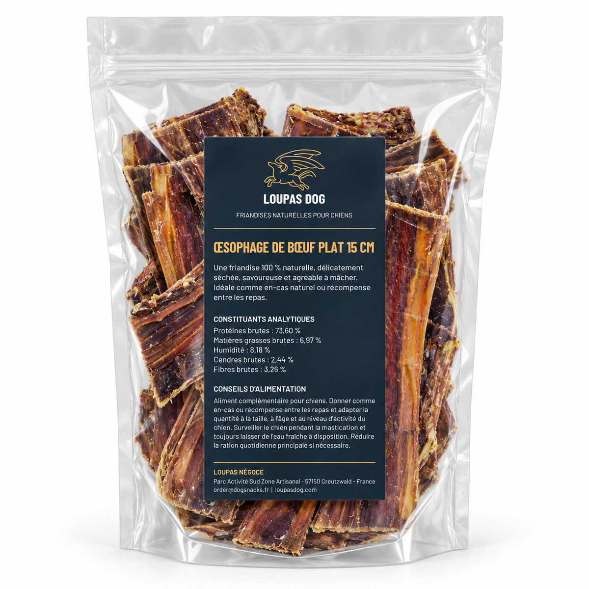Visuel de présentation - Œsophage de bœuf plat 15 cm dans un sachet transparent LOUPAS DOG