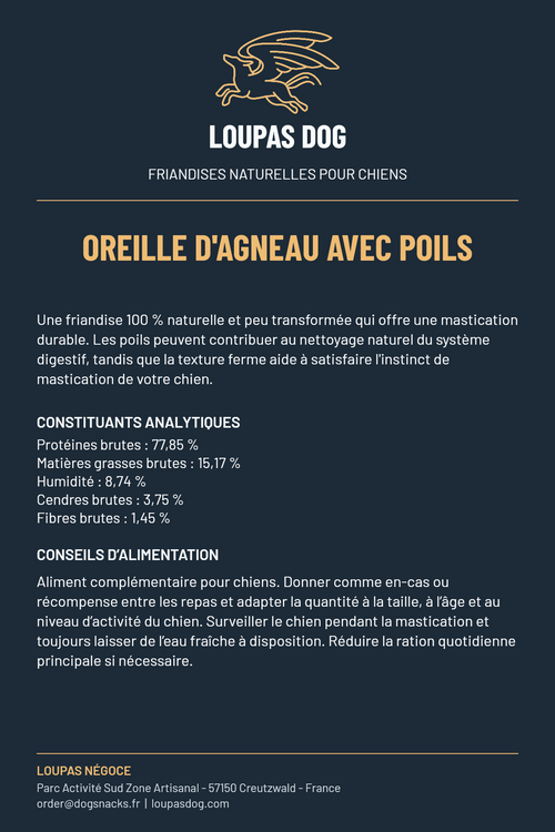 Étiquette LOUPAS DOG - Oreille d'agneau avec poils