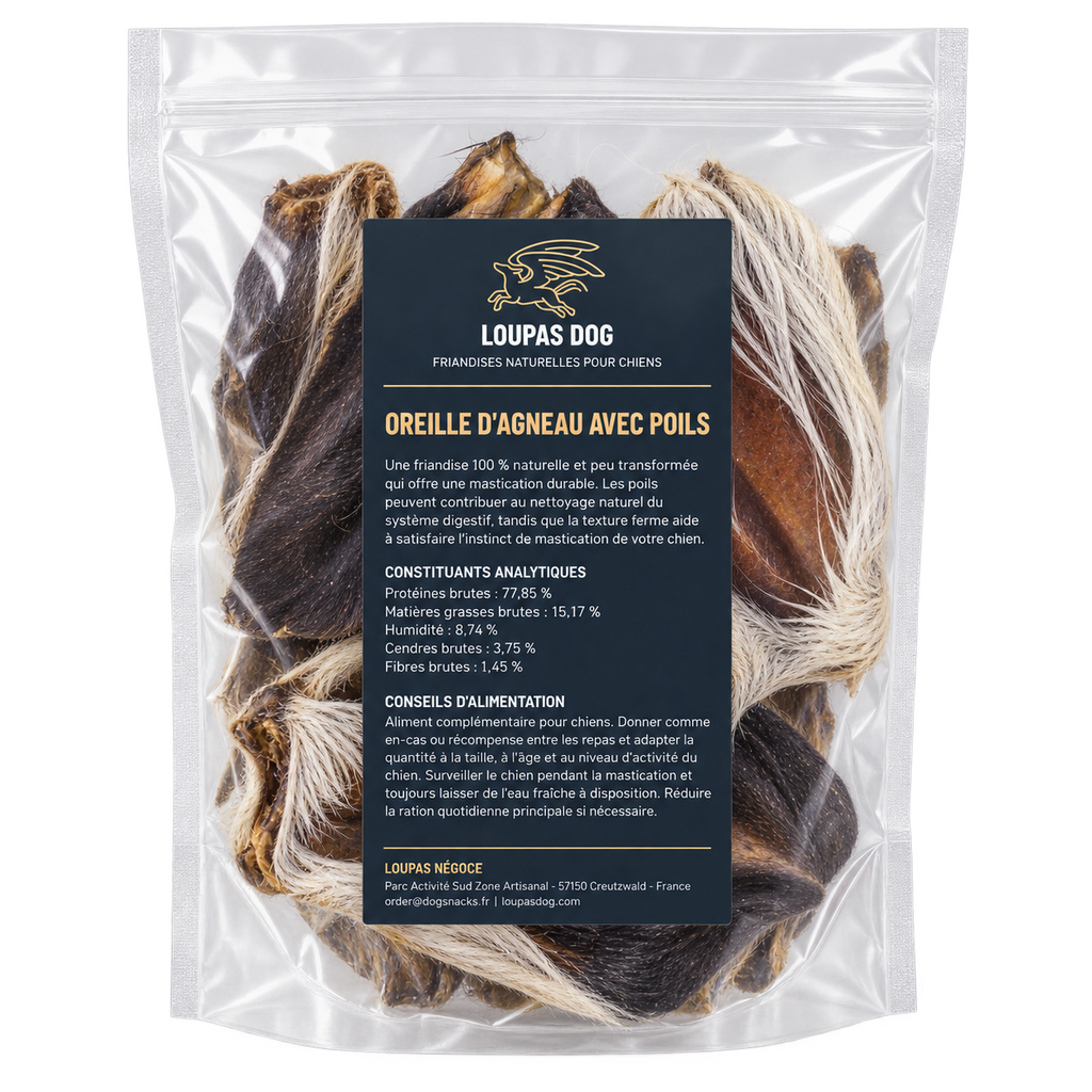 Visuel de présentation - Oreille d'agneau avec poils dans un sachet transparent LOUPAS DOG