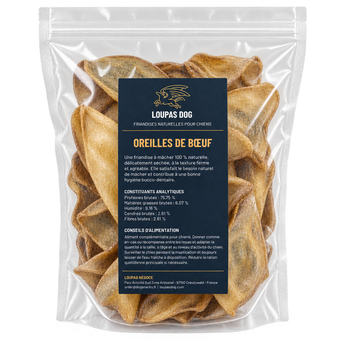 Visuel de présentation - Oreilles de bœuf dans un sachet transparent LOUPAS DOG