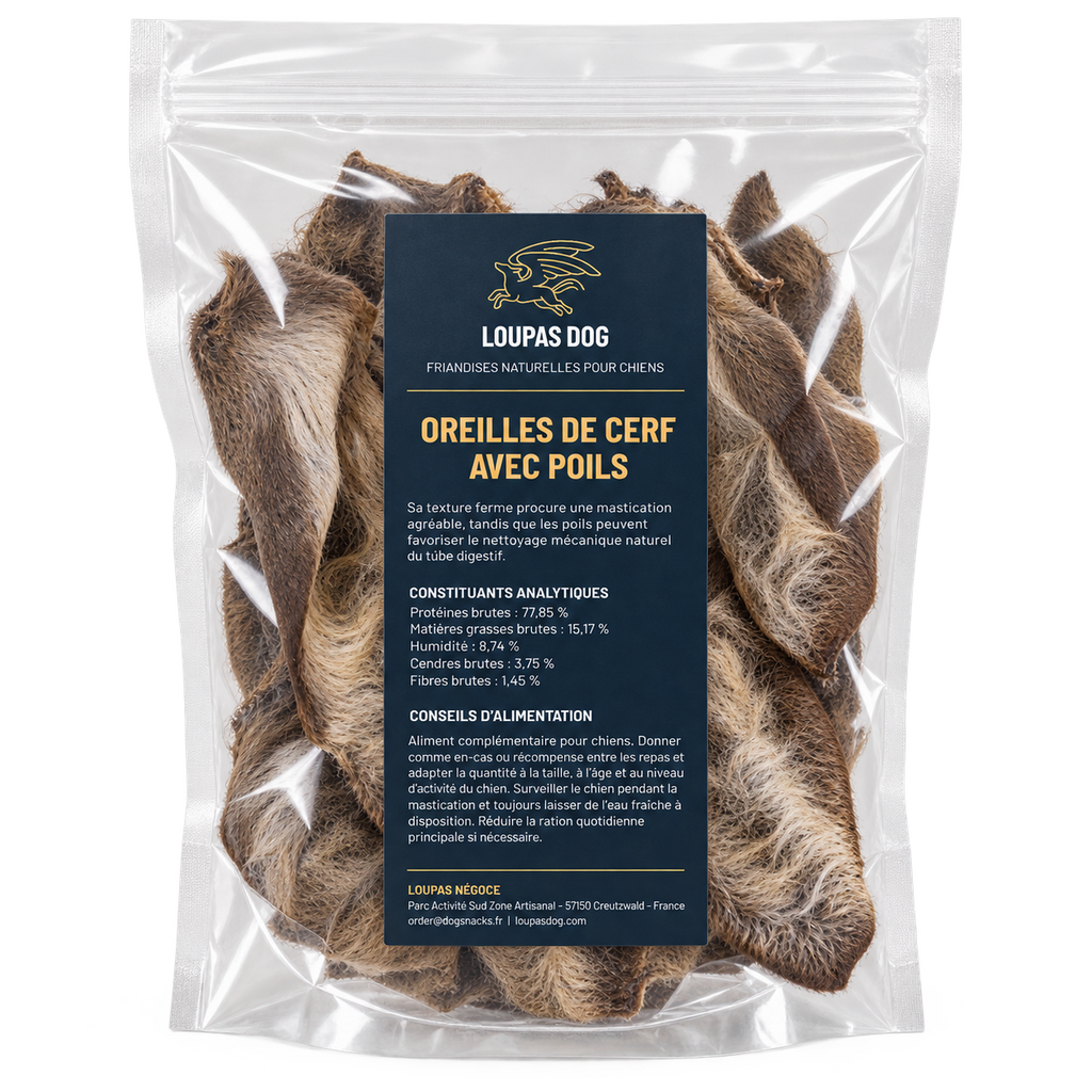Visuel de présentation - Oreilles de cerf avec poils dans un sachet transparent LOUPAS DOG