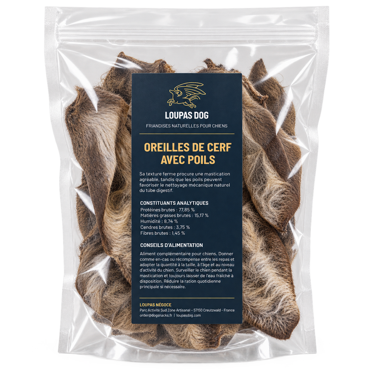 Visuel de présentation - Oreilles de cerf avec poils dans un sachet transparent LOUPAS DOG