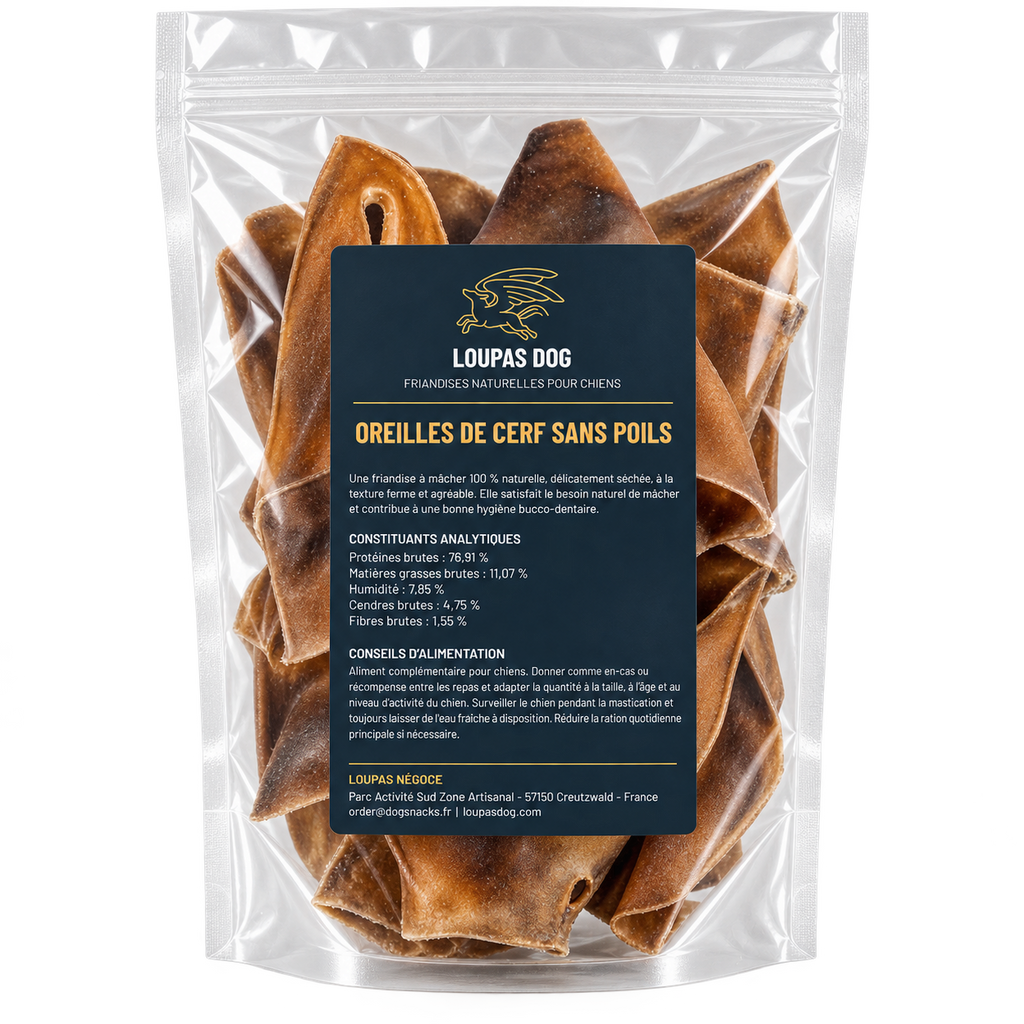 Visuel de présentation - Oreilles de cerf sans poils dans un sachet transparent LOUPAS DOG