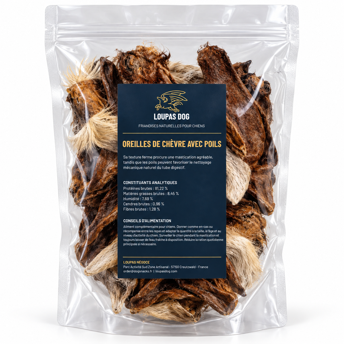 Visuel de présentation - Oreilles de chèvre avec poils dans un sachet transparent LOUPAS DOG