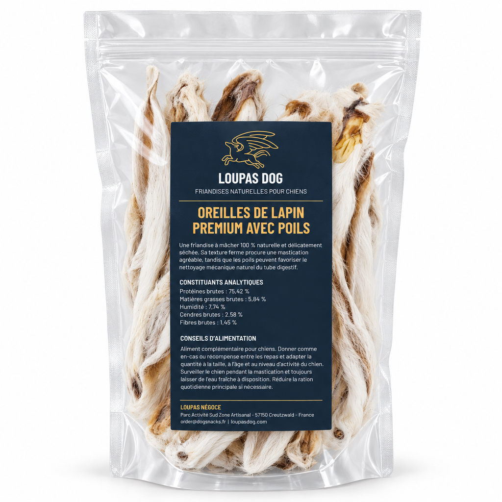 Visuel de présentation - Oreilles de lapin premium avec poils dans un sachet transparent LOUPAS DOG