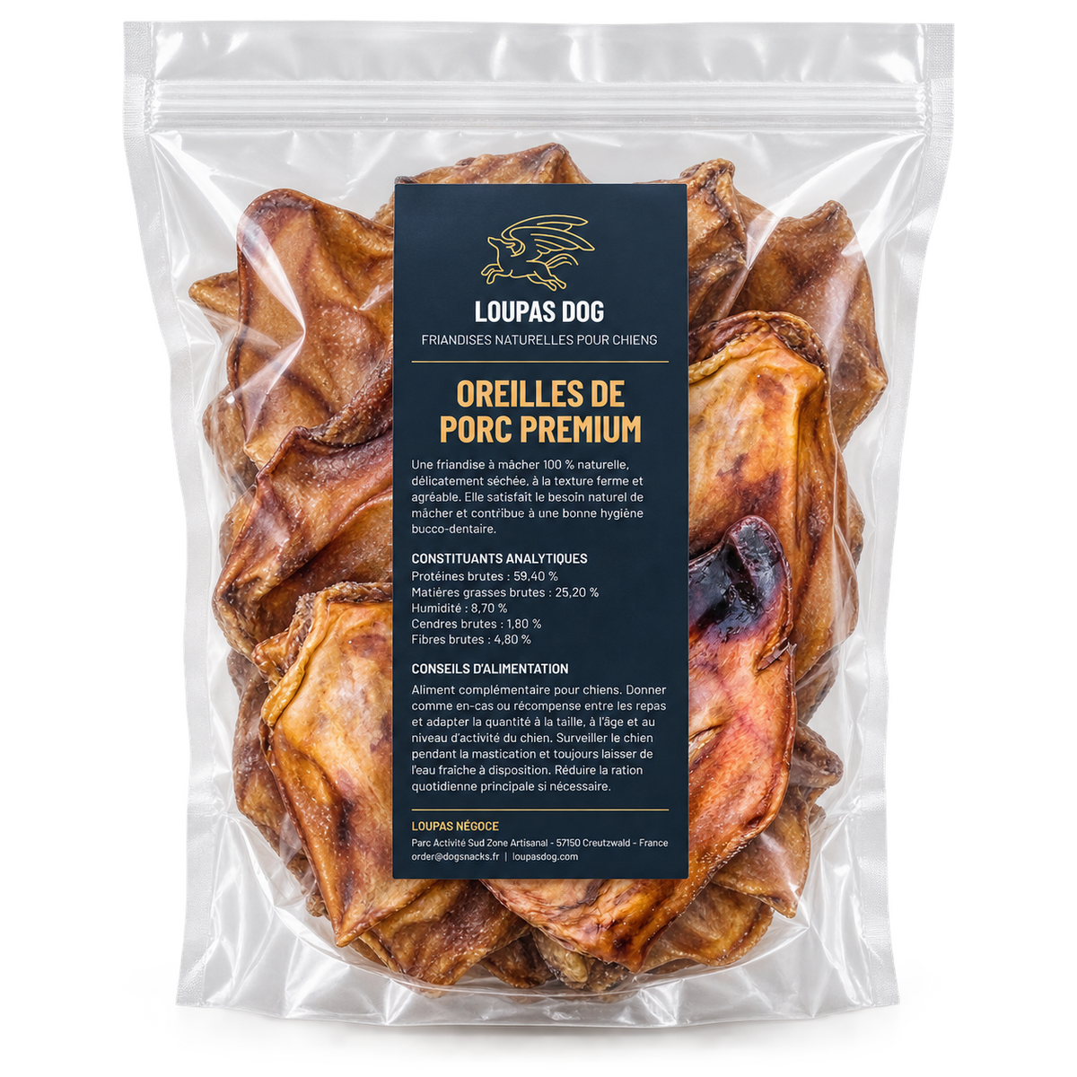 Visuel de présentation - Oreilles de porc premium dans un sachet transparent LOUPAS DOG