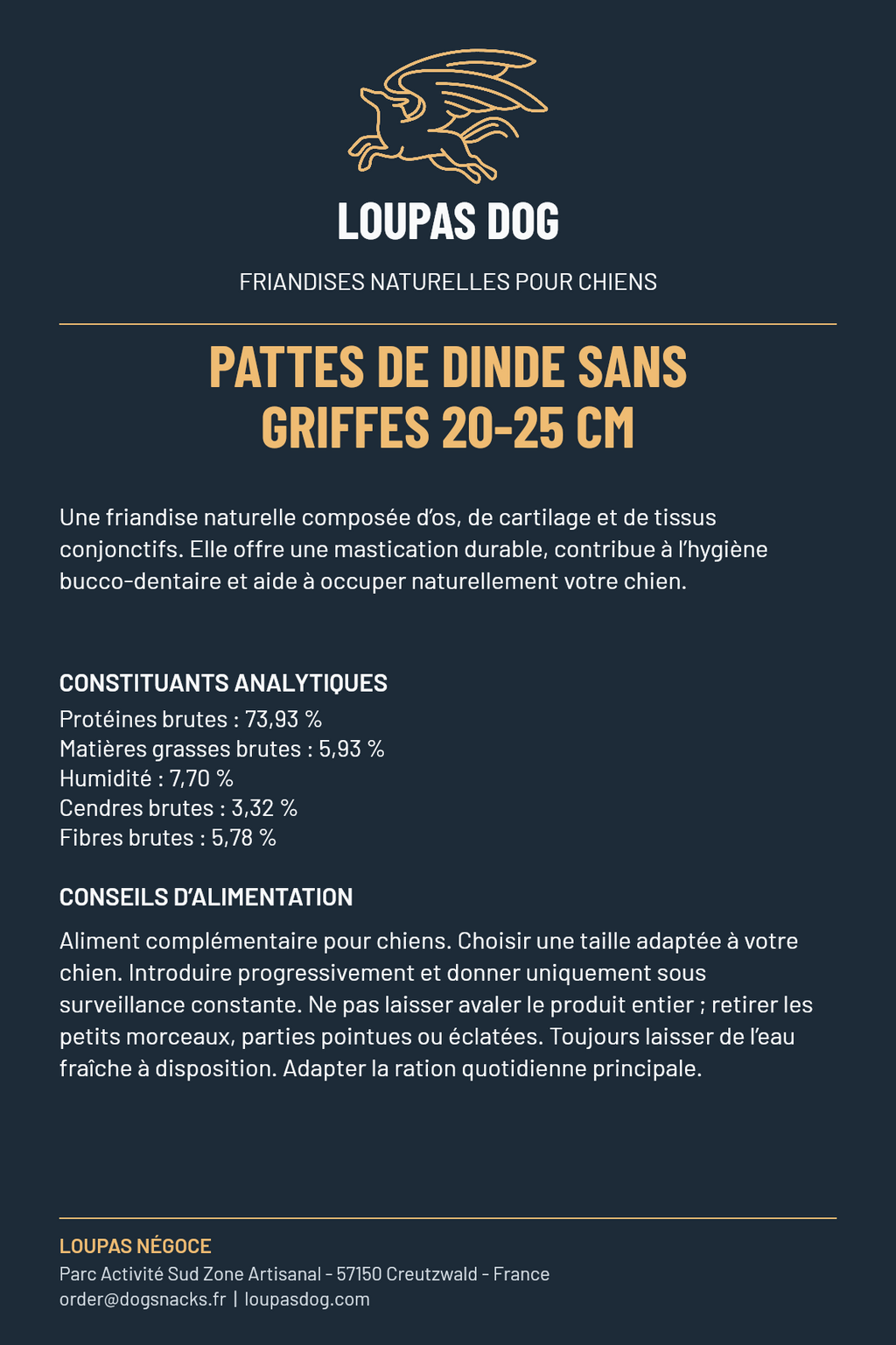 Étiquette LOUPAS DOG - Pattes de dinde sans griffes 20–25 cm