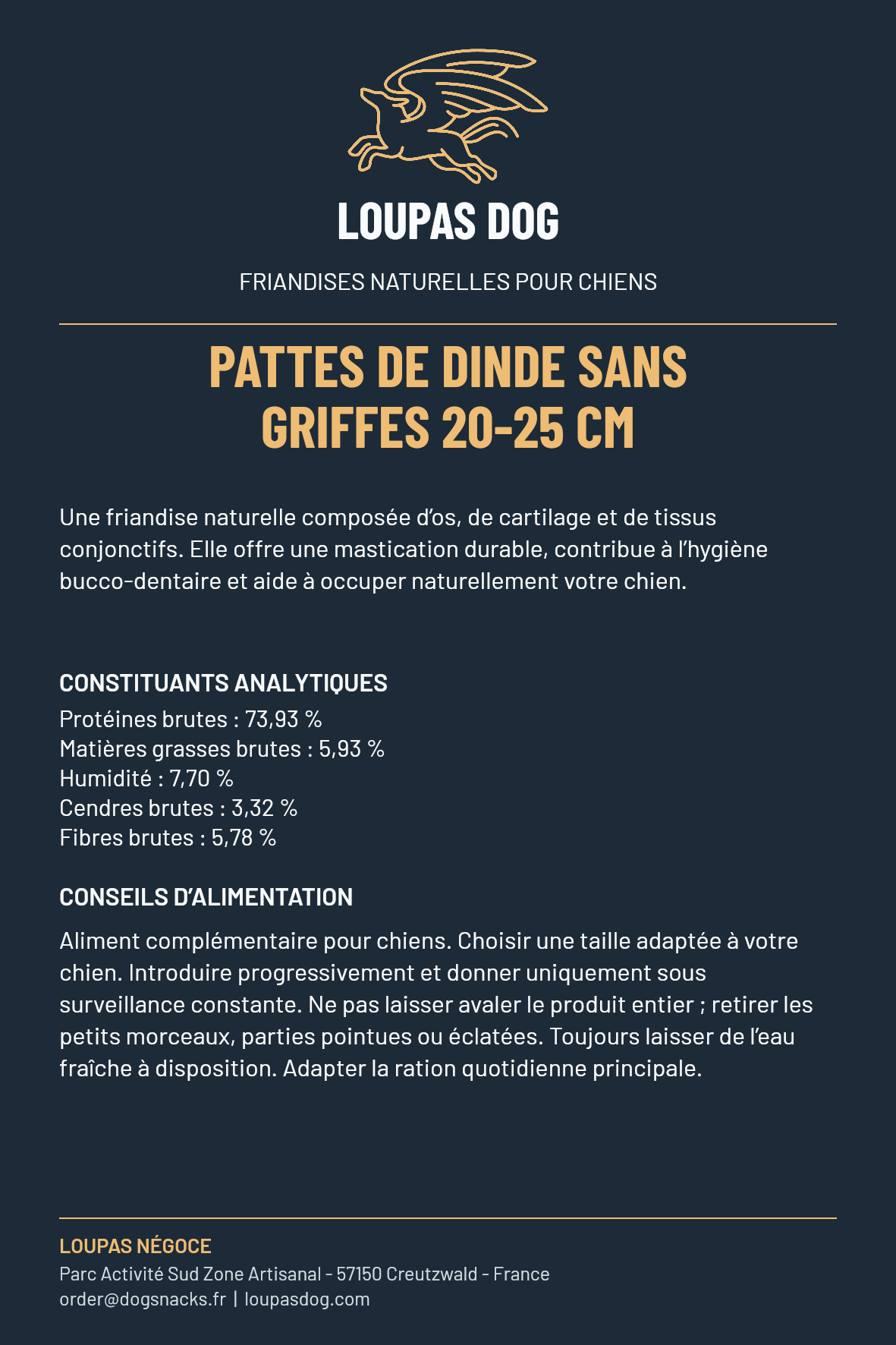 Étiquette LOUPAS DOG - Pattes de dinde sans griffes 20–25 cm