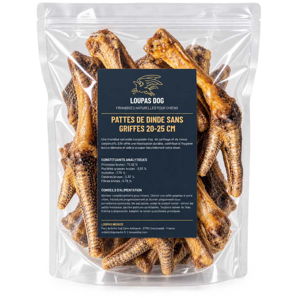 Visuel de présentation - Pattes de dinde sans griffes 20–25 cm dans un sachet transparent LOUPAS DOG