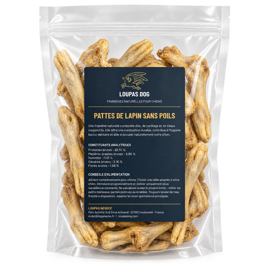 Visuel de présentation - Pattes de lapin sans poils dans un sachet transparent LOUPAS DOG