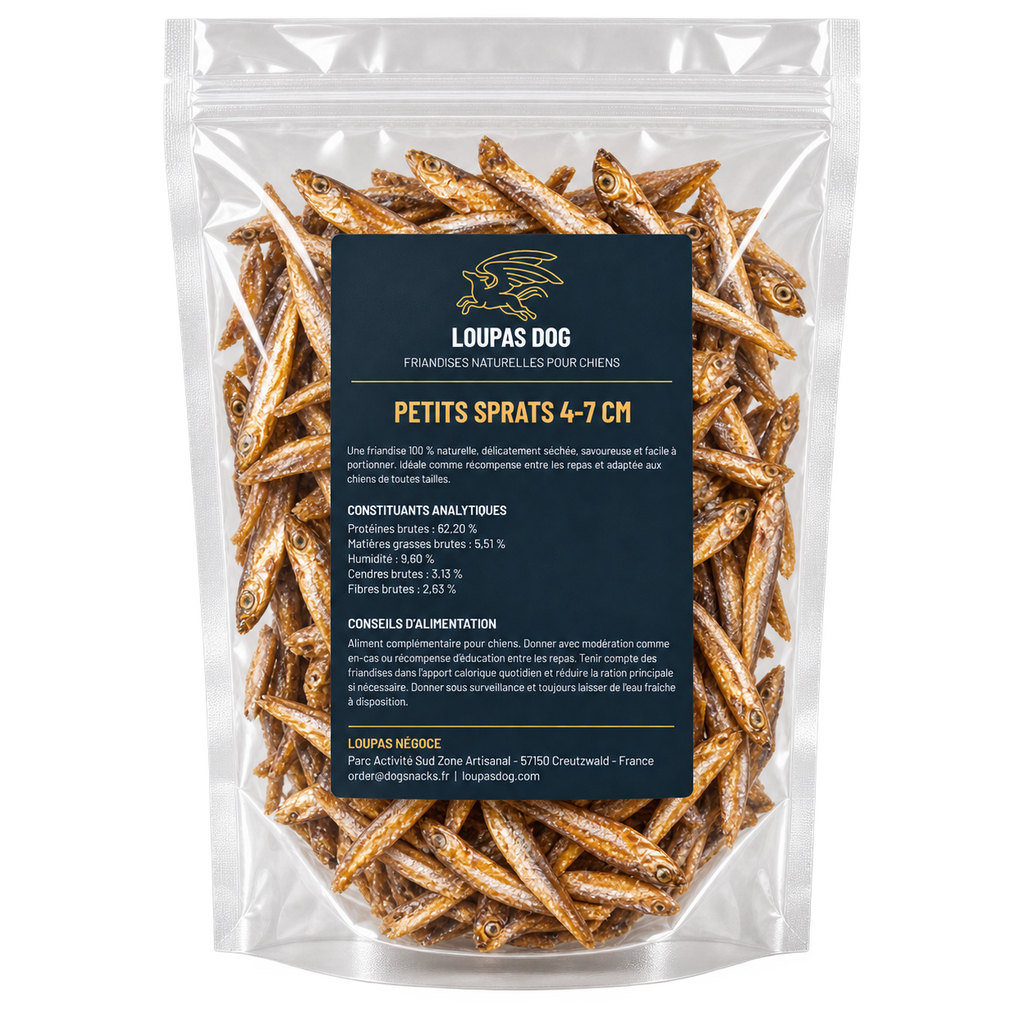 Visuel de présentation - Petits sprats 4 à 7 cm dans un sachet transparent LOUPAS DOG