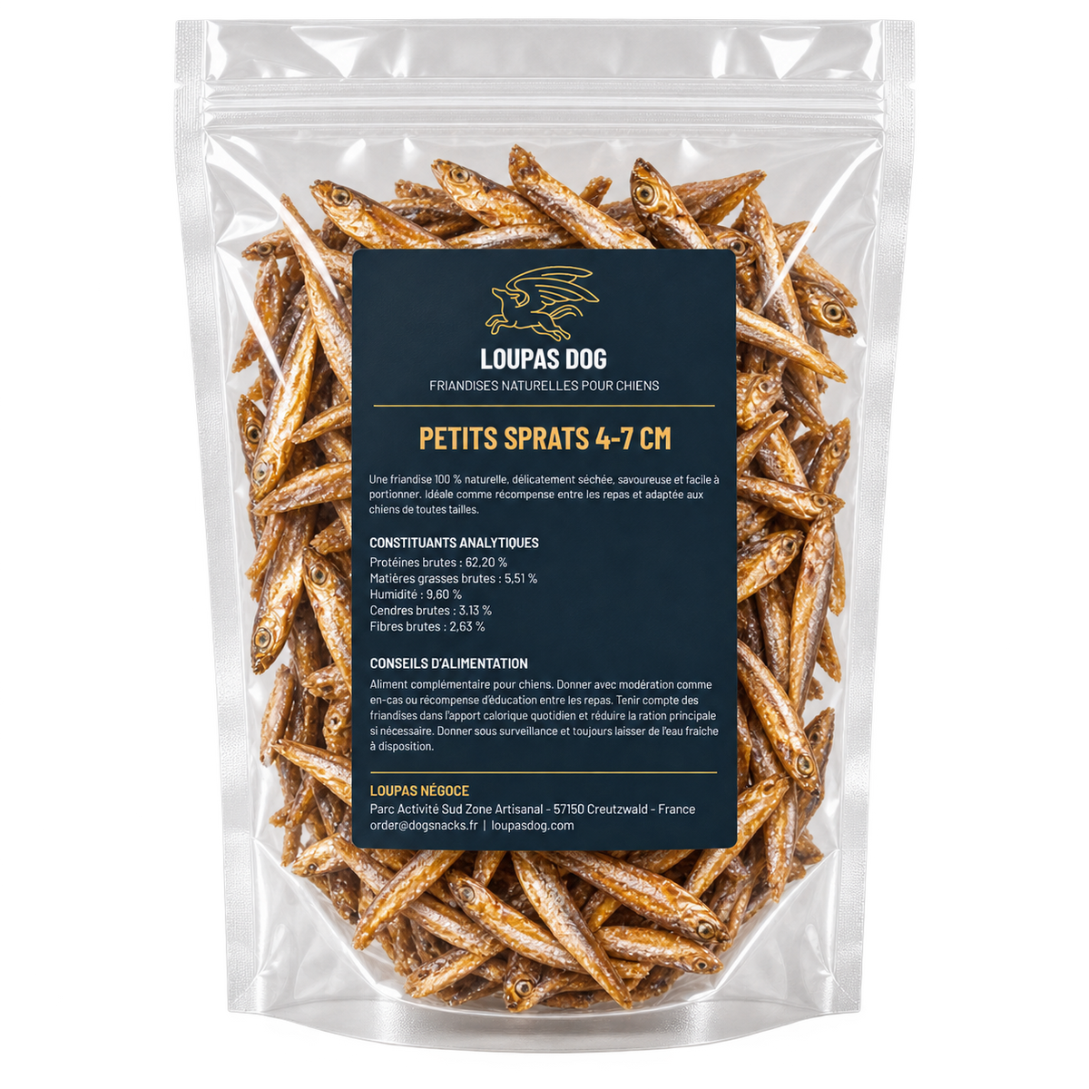 Visuel de présentation - Petits sprats 4 à 7 cm dans un sachet transparent LOUPAS DOG